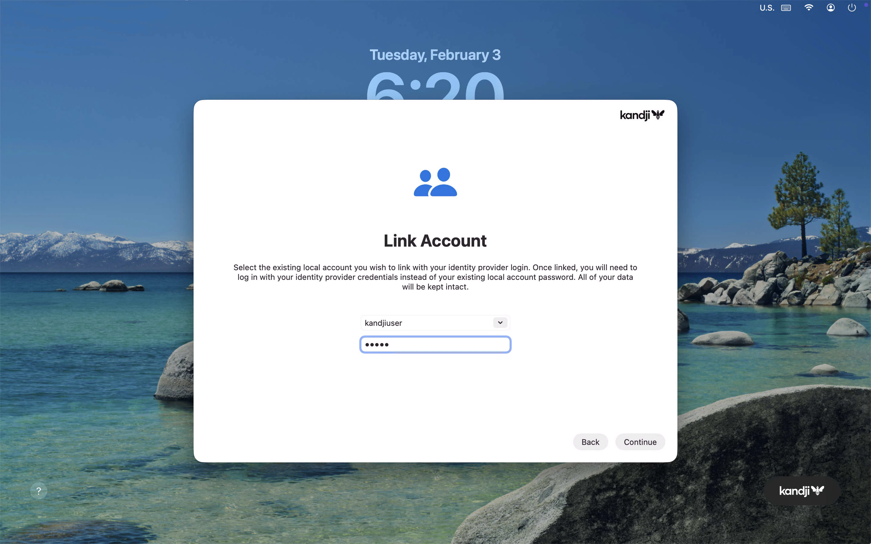 Link Account dialog with local account dropdown and password field, and Back and Continue buttons