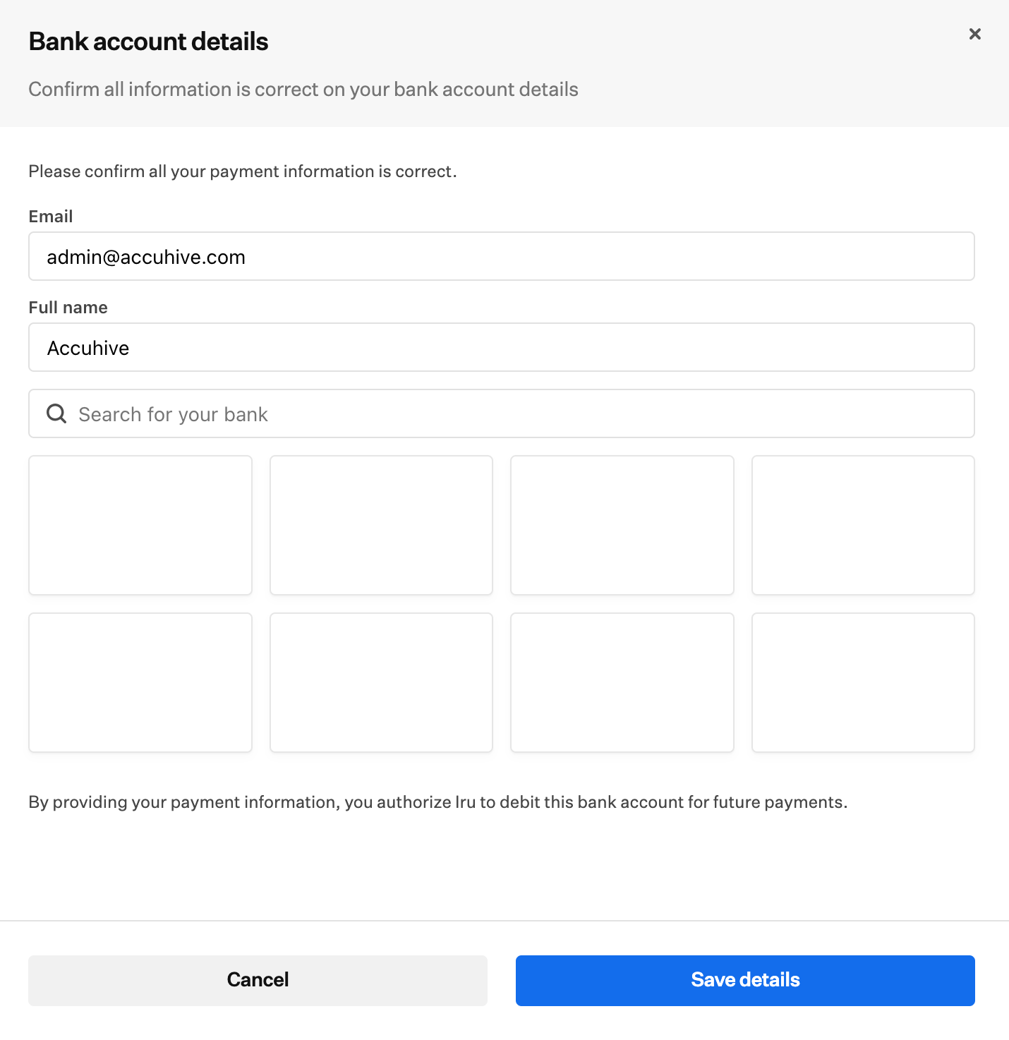 Bank account details form with email, full name, bank search, Cancel, and Save details