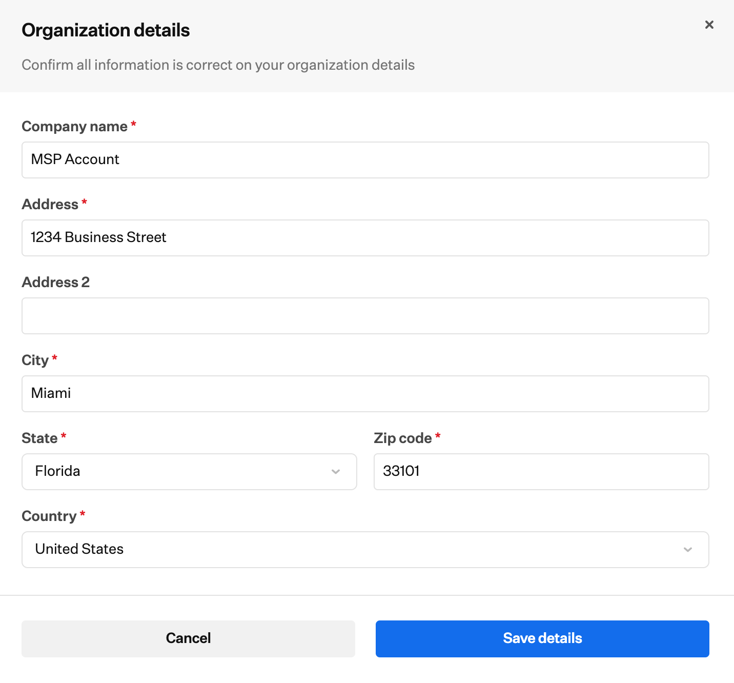 Organization details form with company name, address fields, Cancel, and Save details