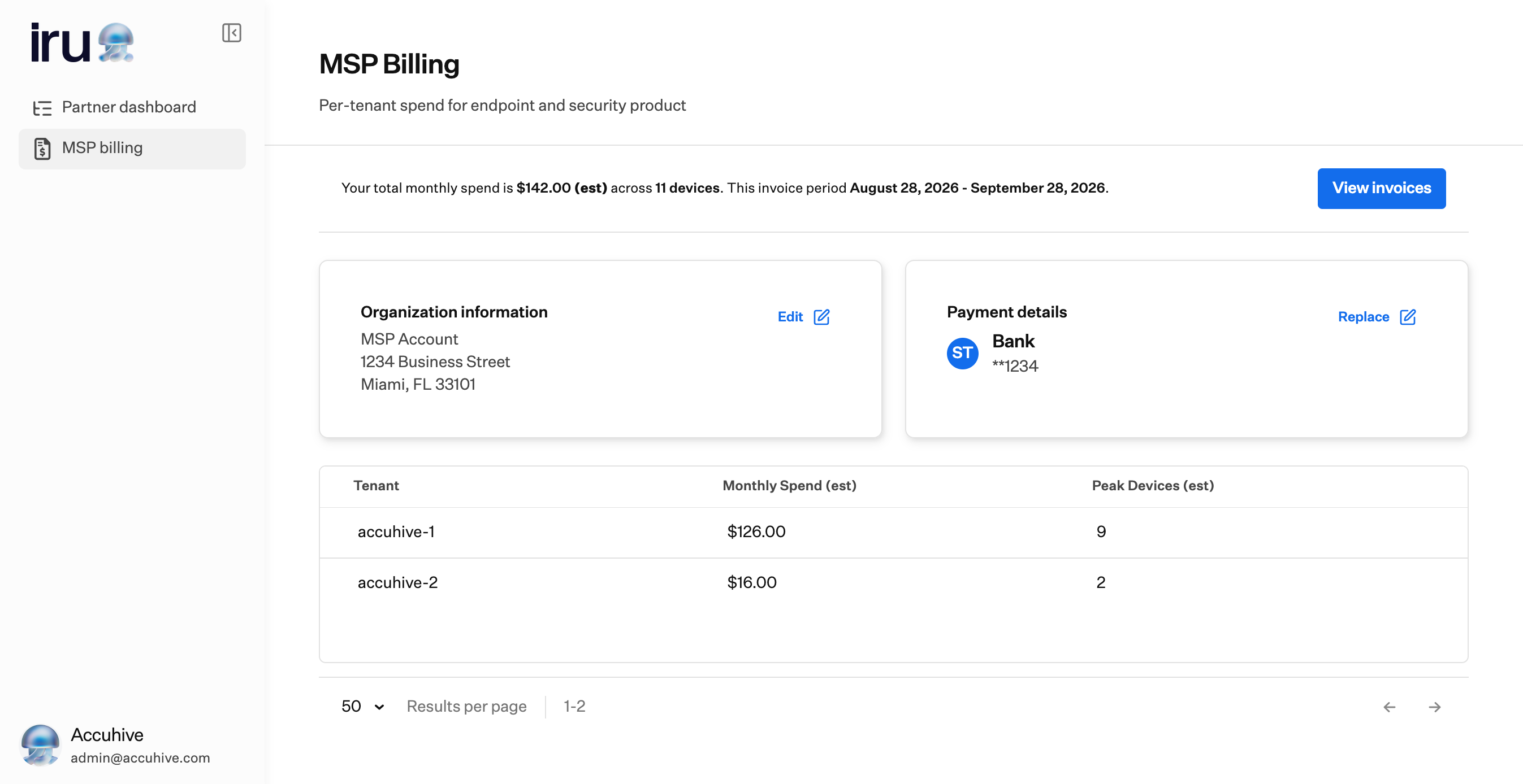 MSP Billing page with spend summary, organization information, payment details, View invoices, and tenant table