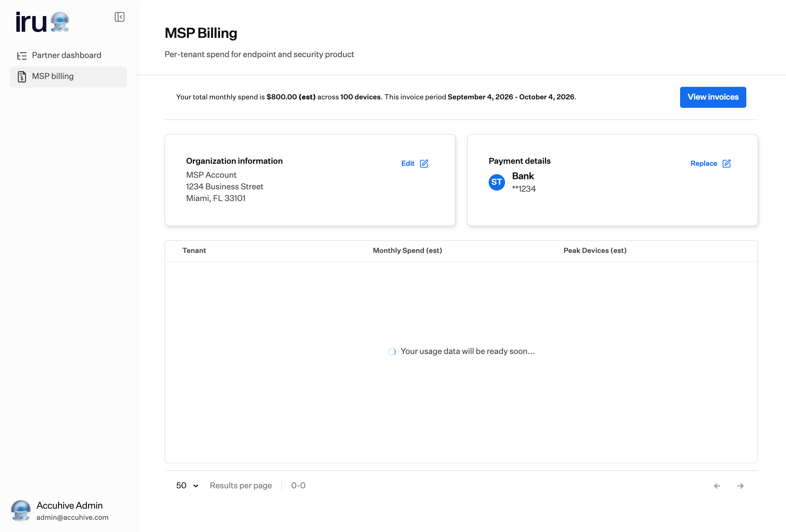 MSP Billing after setup with usage data will be ready soon in the tenant table