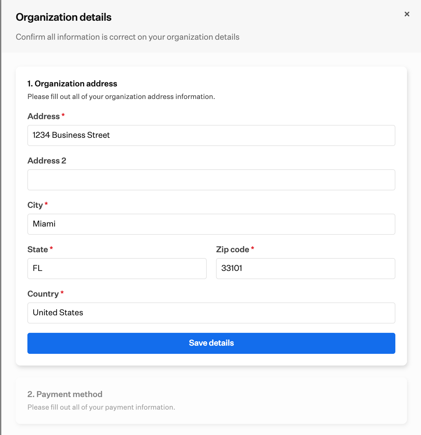 Organization details form for organization address with Save details