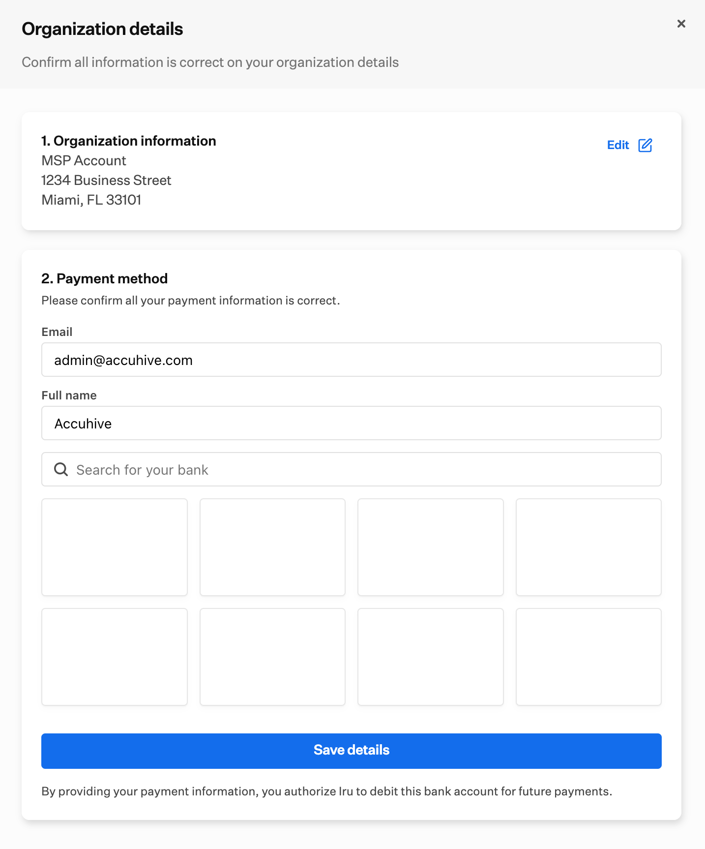 Organization details payment method with email, full name, and bank search
