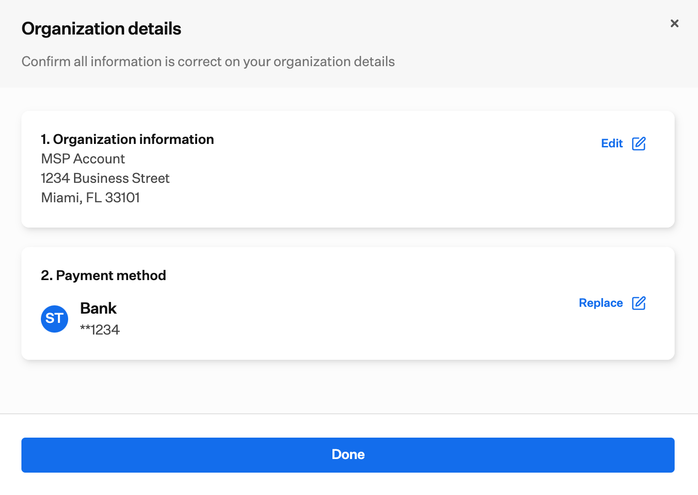 Organization details summary with masked bank details and Done