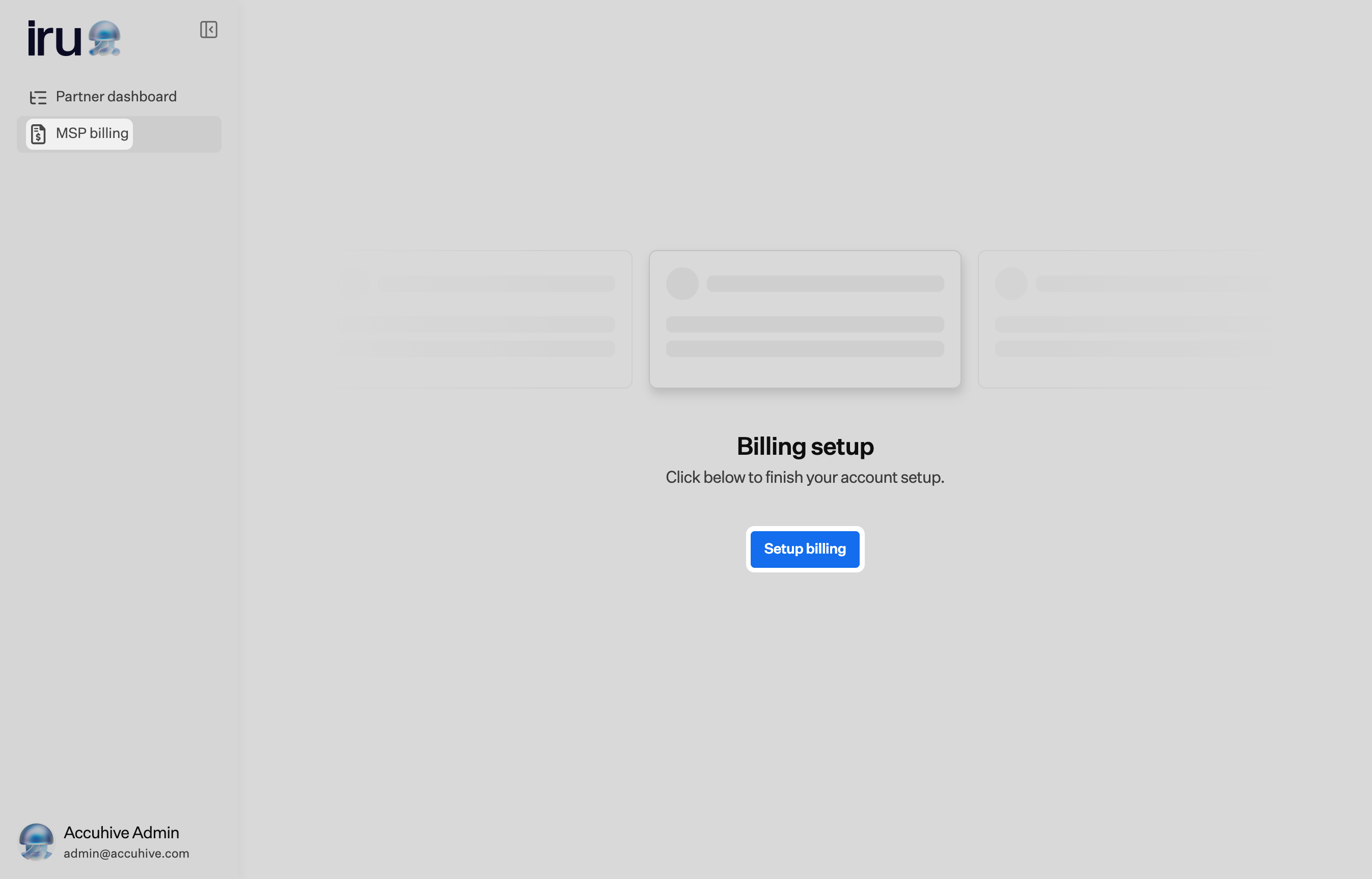 MSP Billing first-time Billing setup screen with Setup billing button
