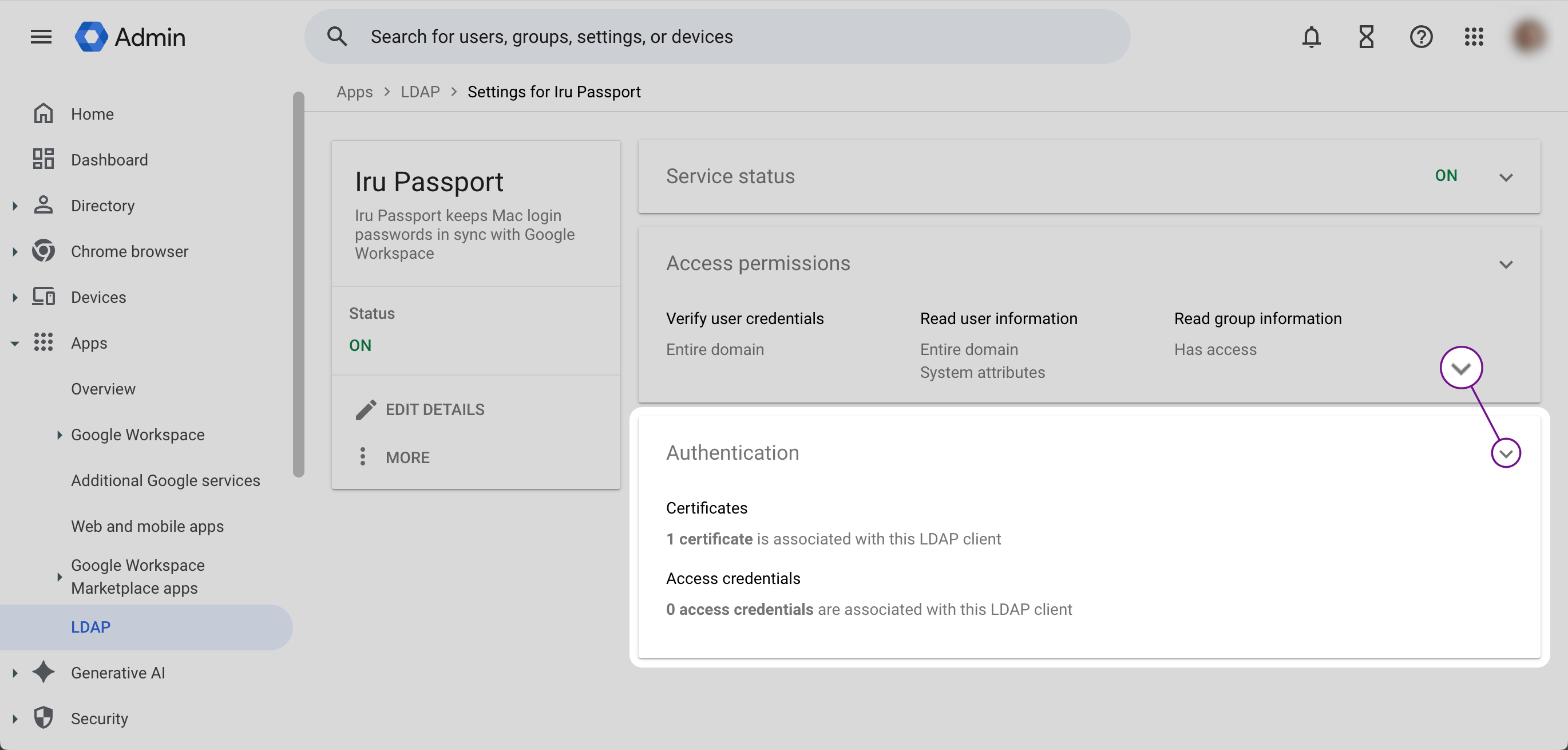 Google Workspace Settings for LDAP client with Authentication section and certificates summary