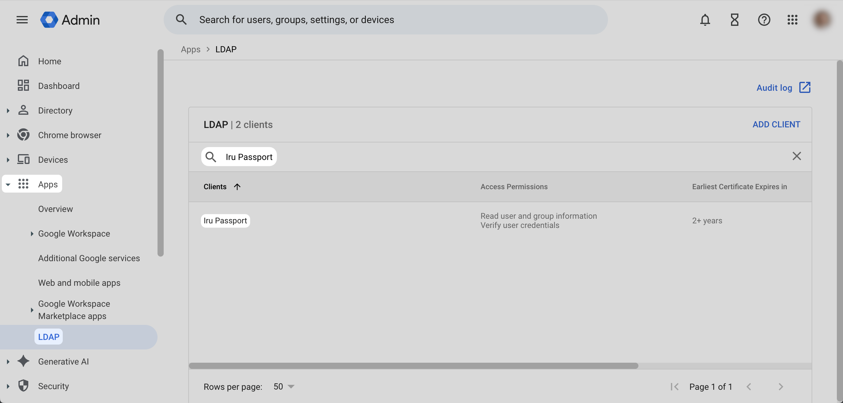 Google Workspace LDAP apps list with Passport LDAP client selected