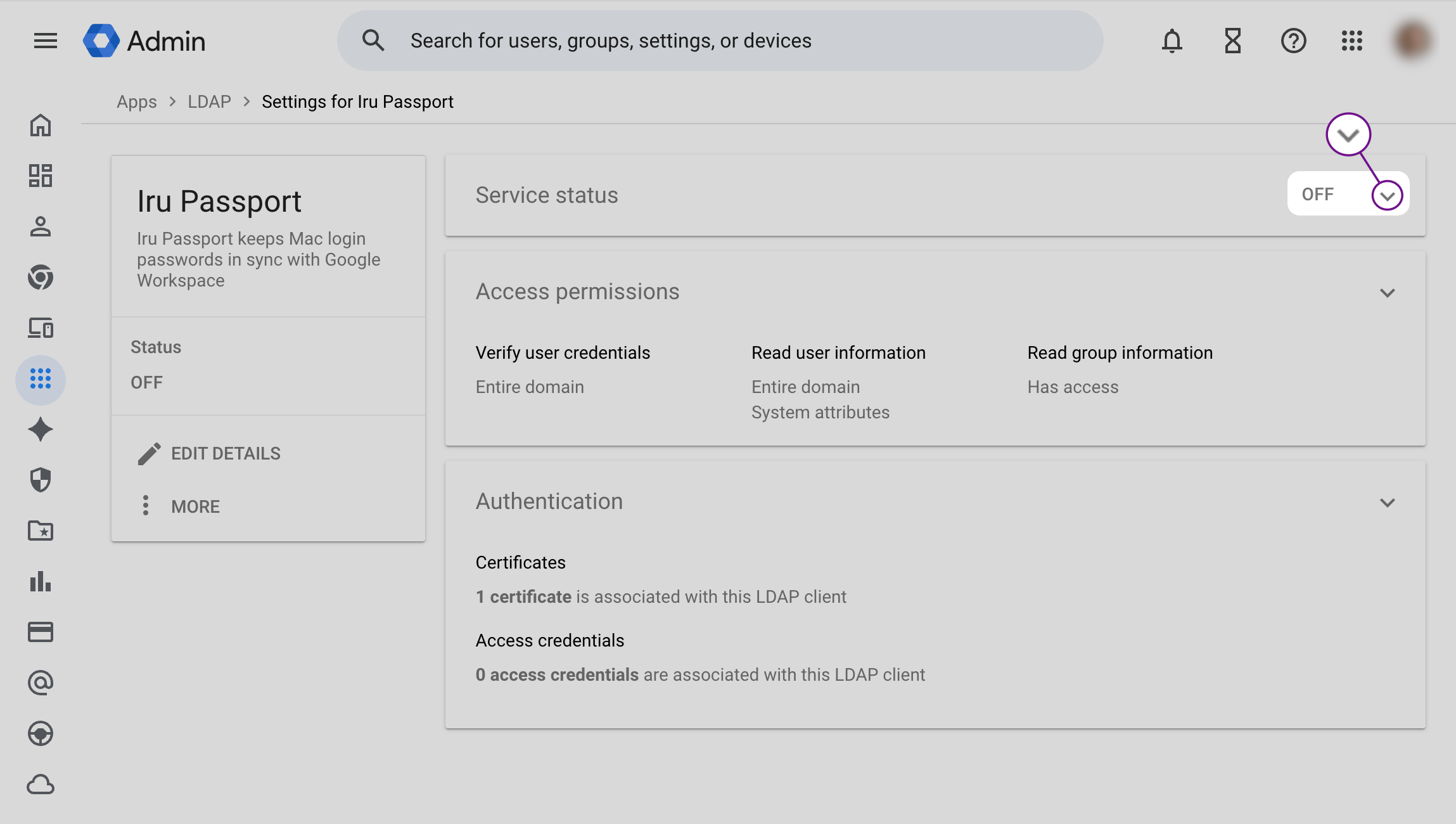 Google Workspace Settings for LDAP client with Service status OFF and Authentication section