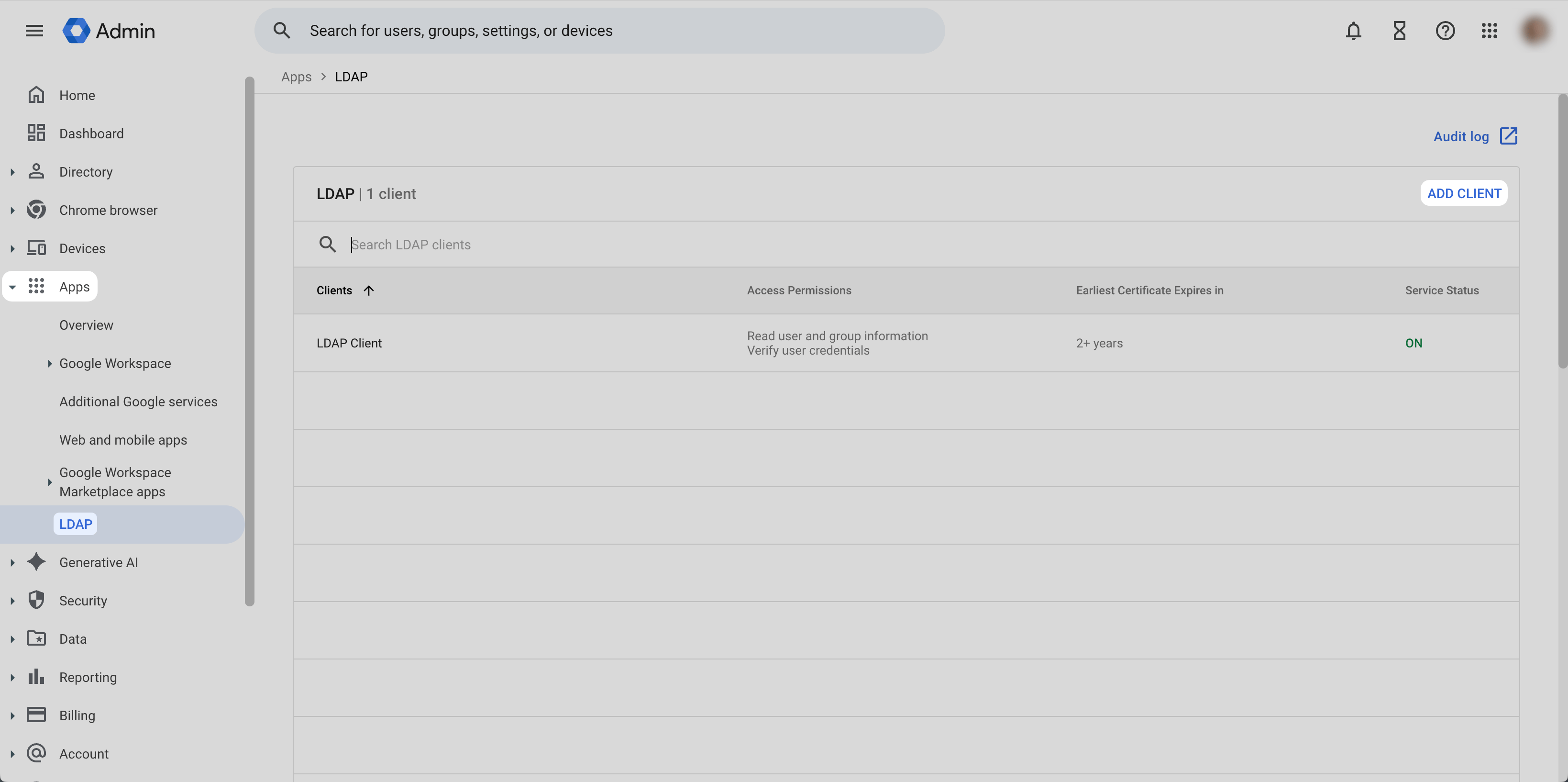 Google Workspace LDAP apps page with existing LDAP clients and ADD CLIENT button in the header