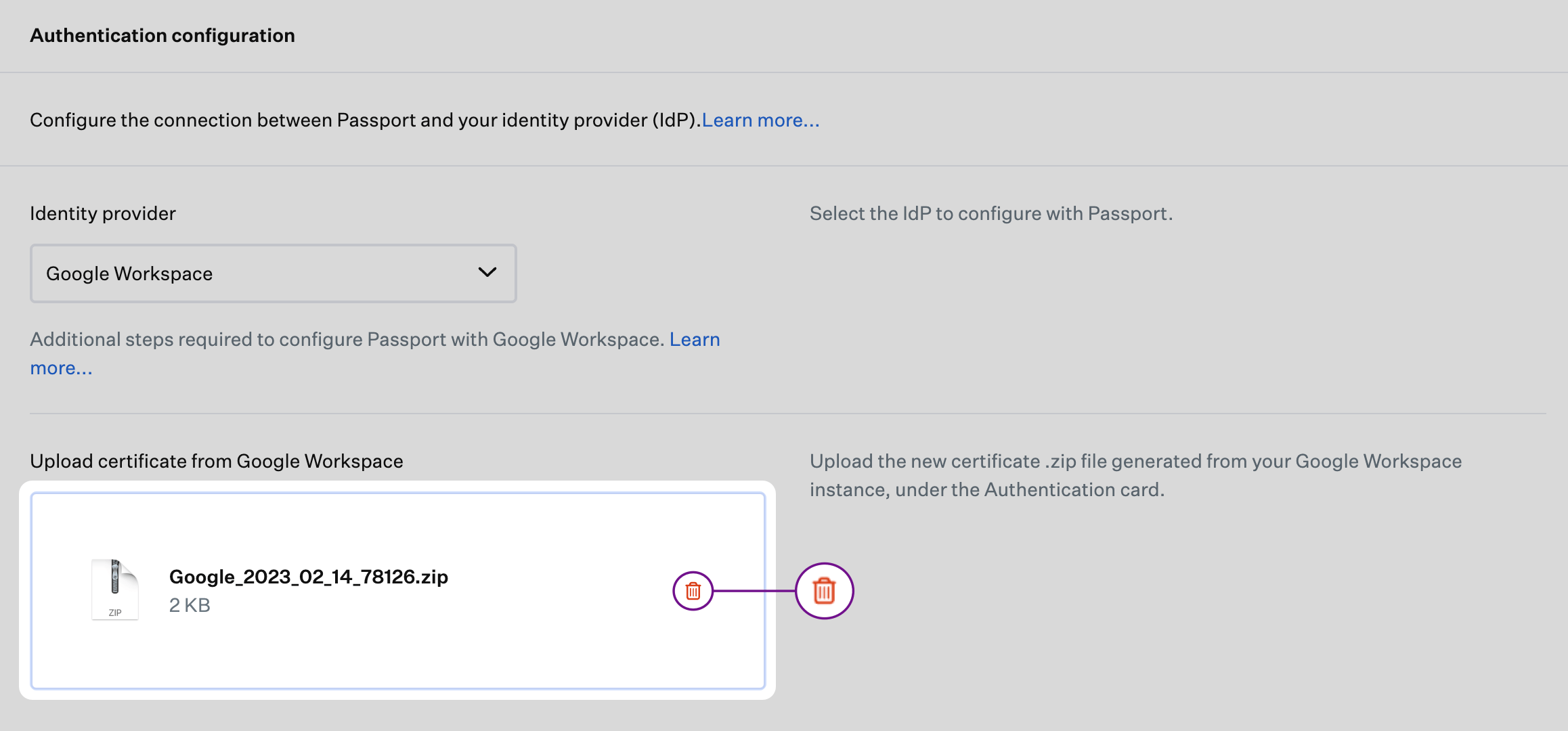 Passport Library Item Authentication configuration with Upload certificate from Google Workspace and trash icon on the zip file