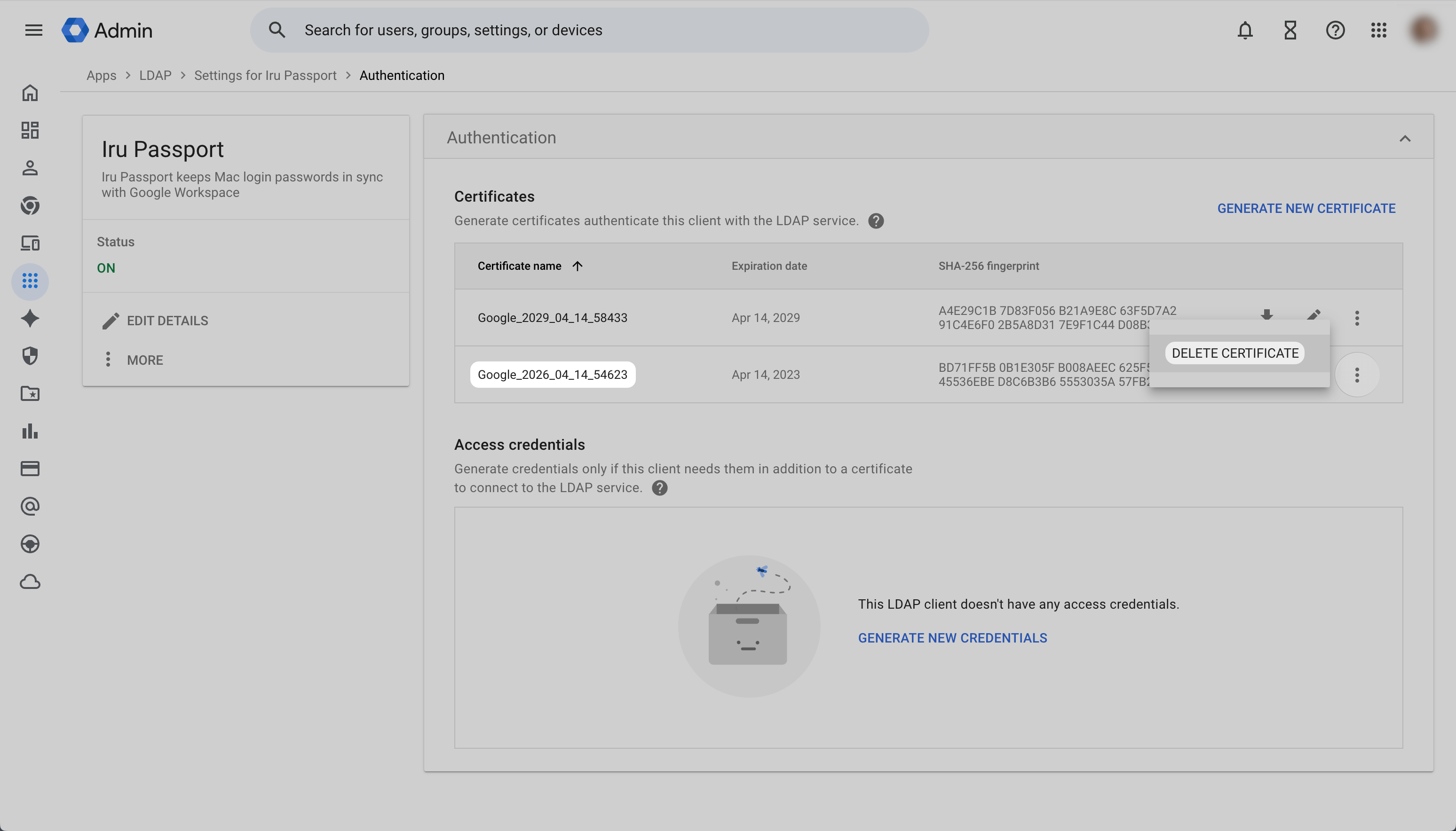 Google Workspace Authentication Certificates row menu open with DELETE CERTIFICATE