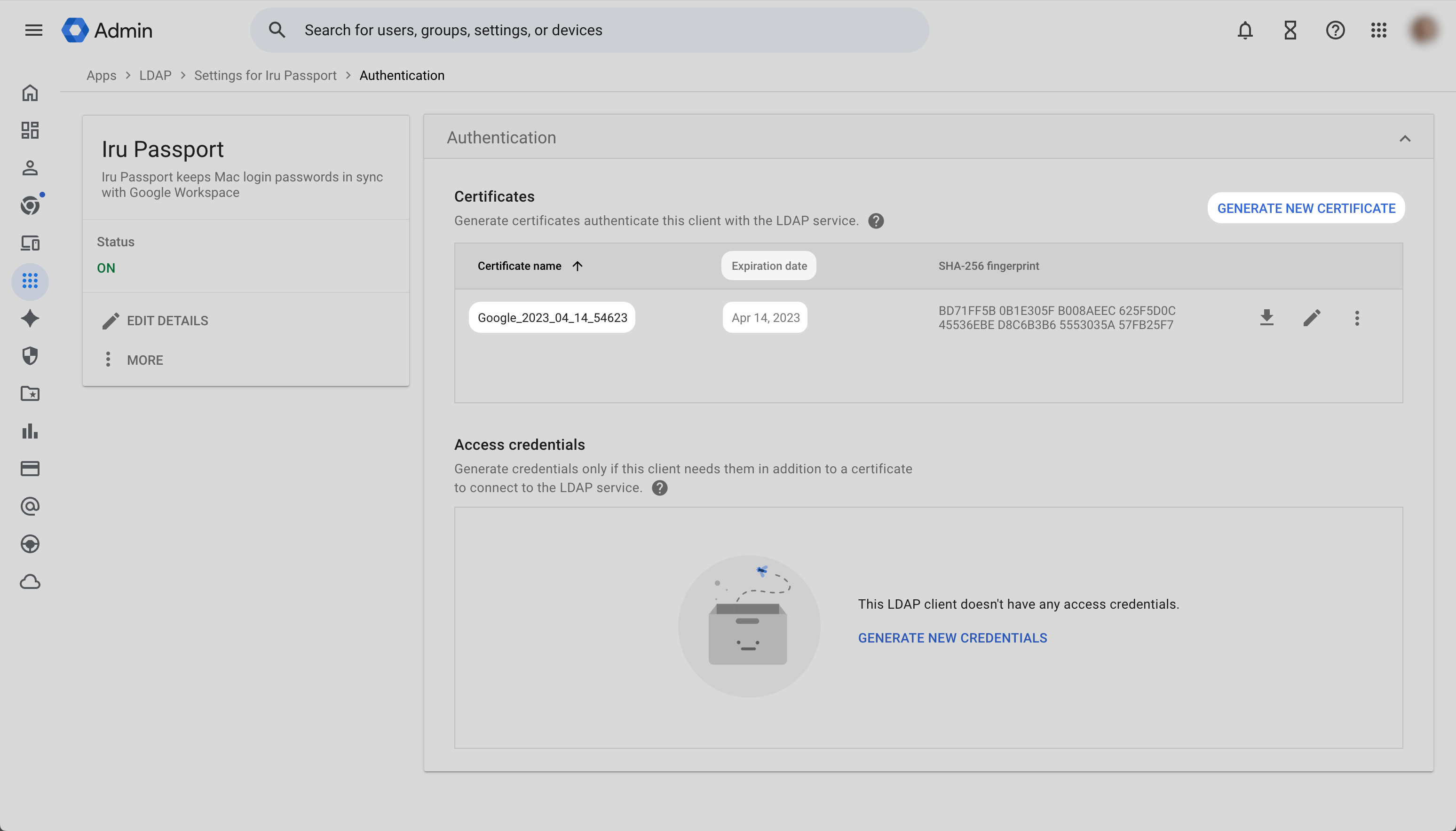 Google Workspace Authentication Certificates with GENERATE NEW CERTIFICATE