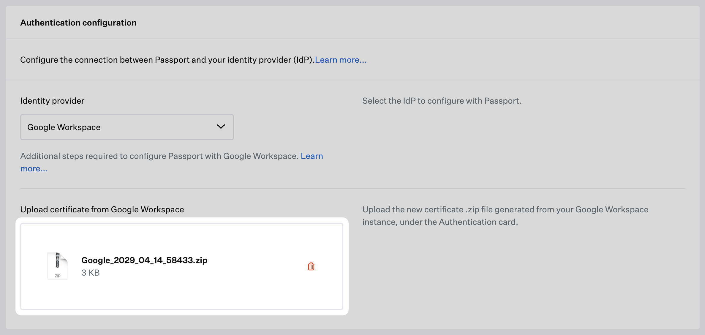 Passport Library Item showing uploaded compressed certificate under Upload certificate from Google Workspace