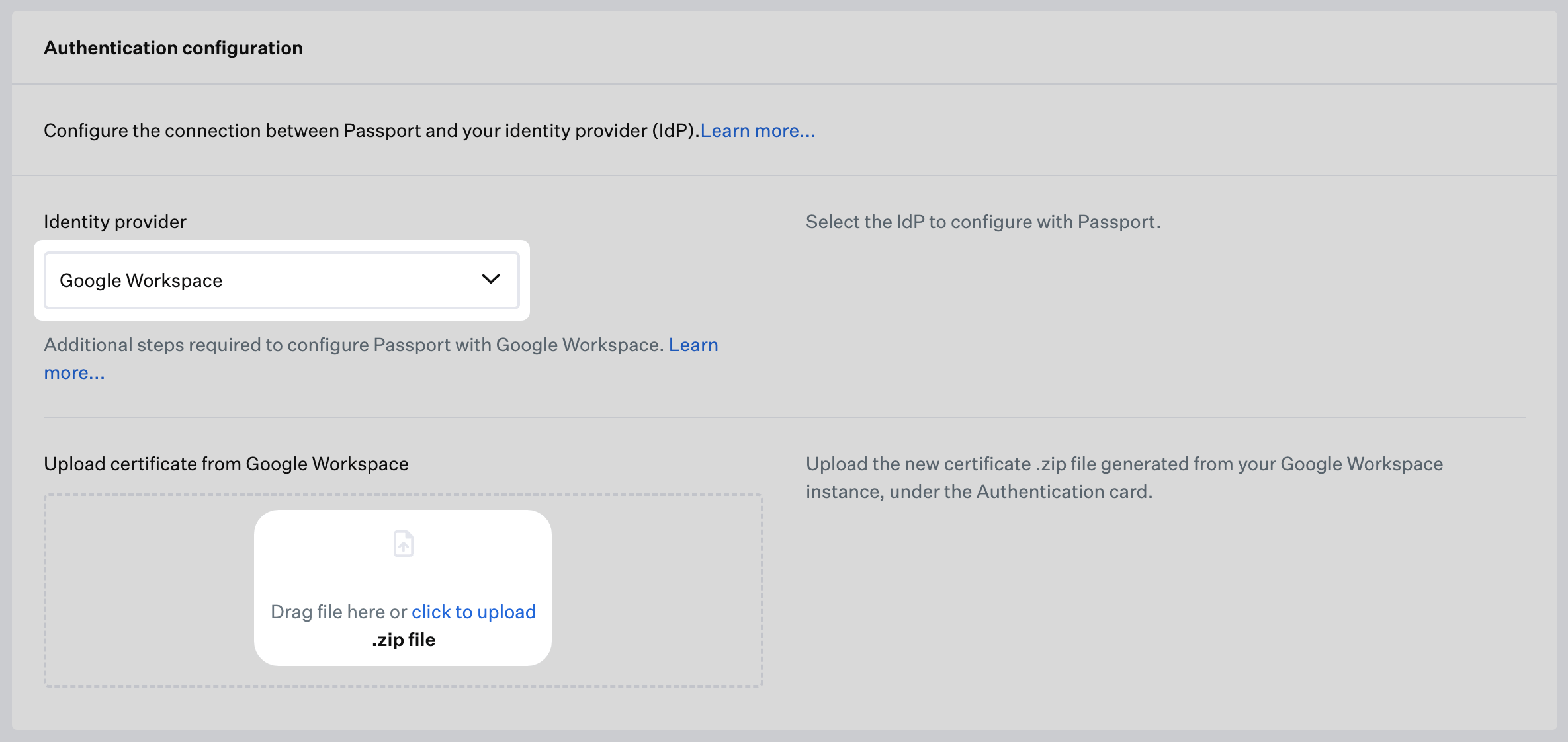 Passport Library Item Authentication configuration with Google Workspace selected and Upload certificate from Google Workspace