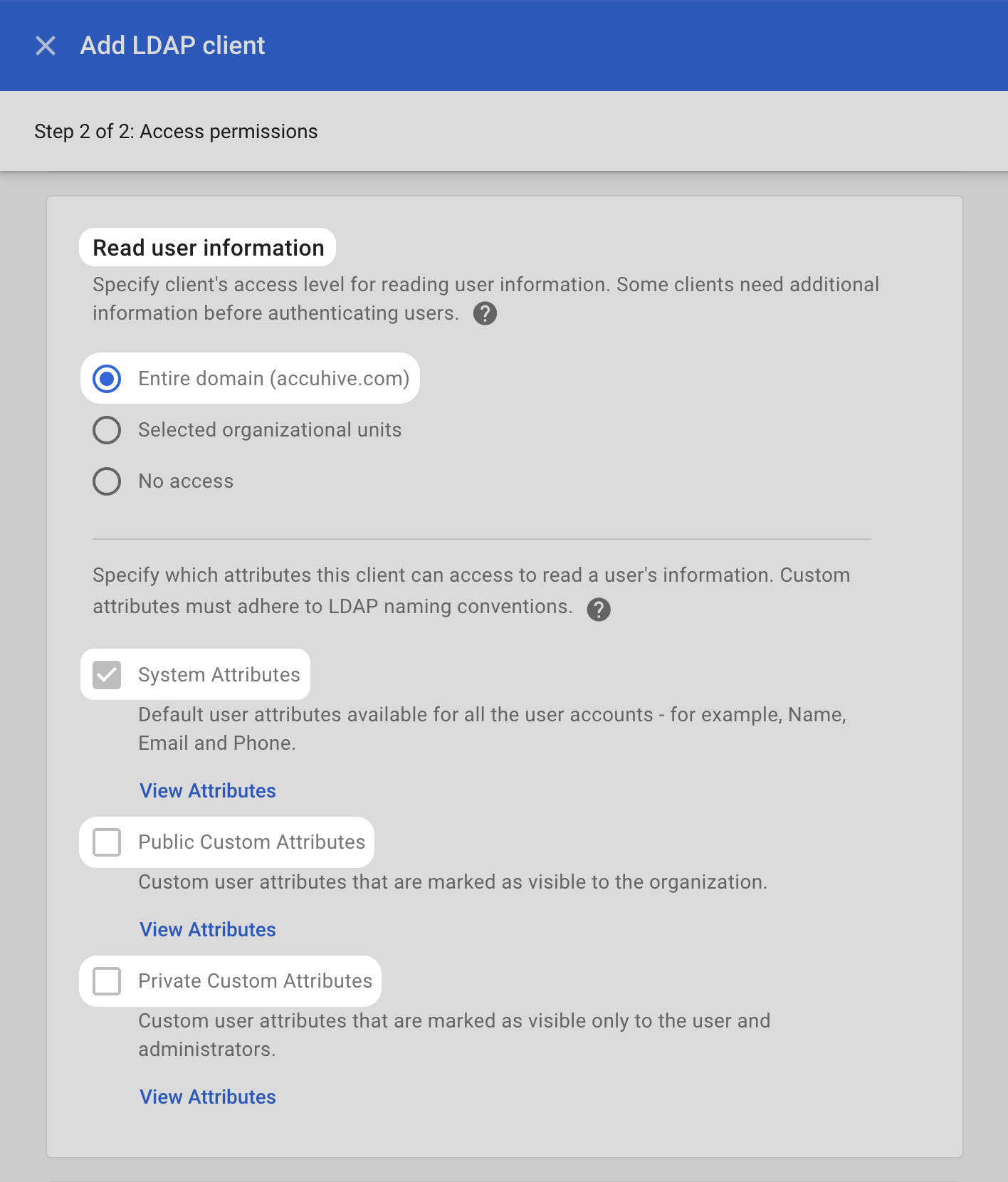 Google Workspace Add LDAP client Read user information with System Attributes checked and Public and Private Custom Attributes unchecked