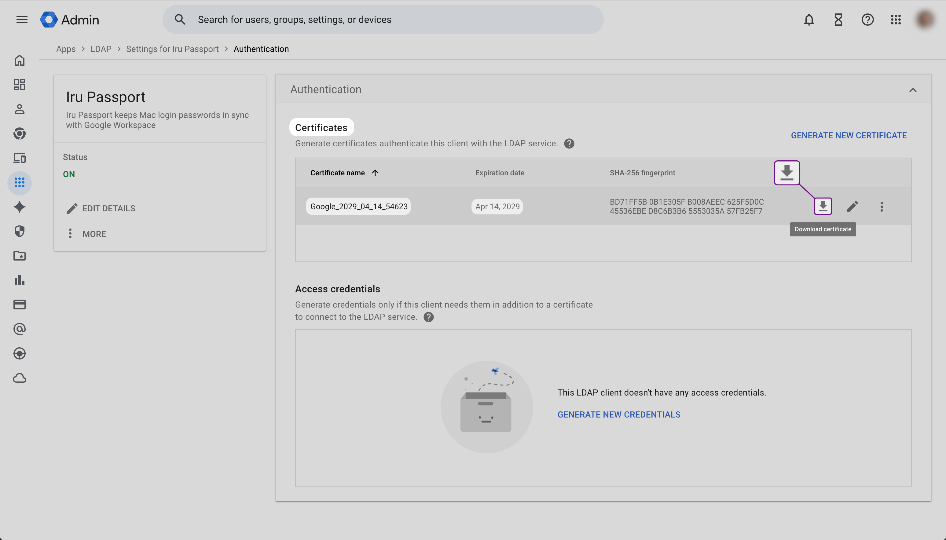 Google Workspace Authentication Certificates with download icon and GENERATE NEW CERTIFICATE
