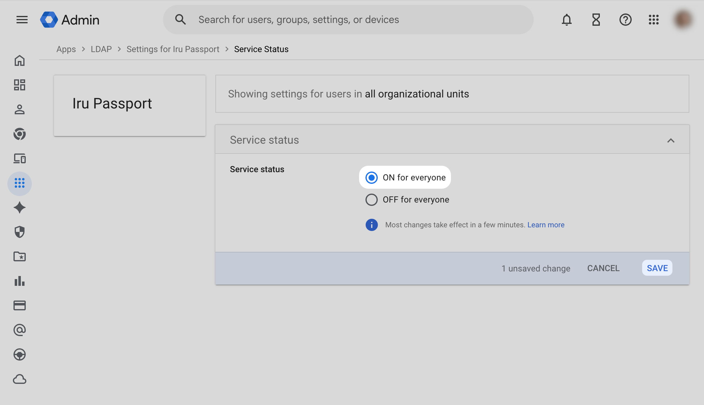 Google Workspace Service status with ON for everyone selected and SAVE and CANCEL