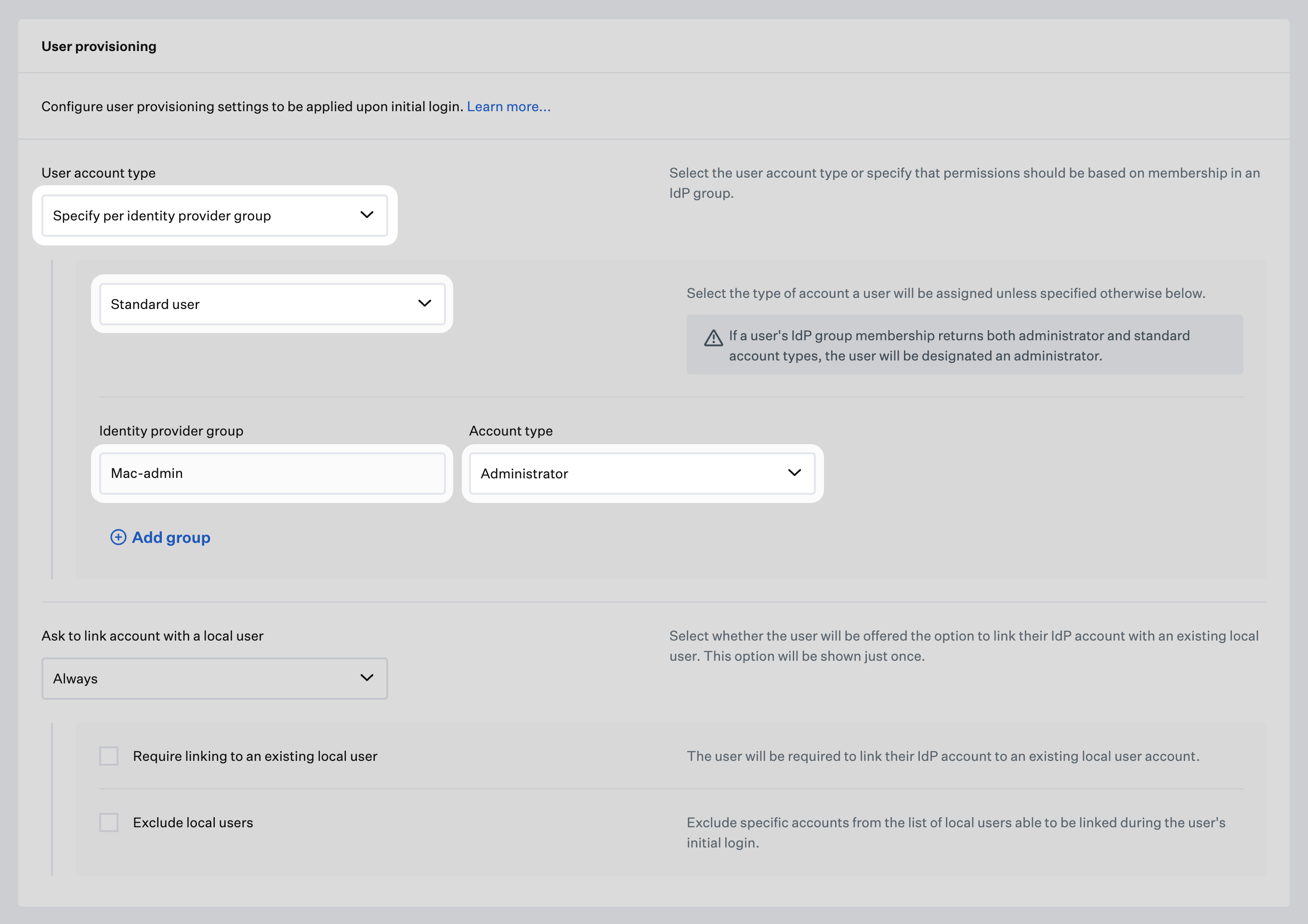Passport Library Item User provisioning with Identity provider group rows and Account type