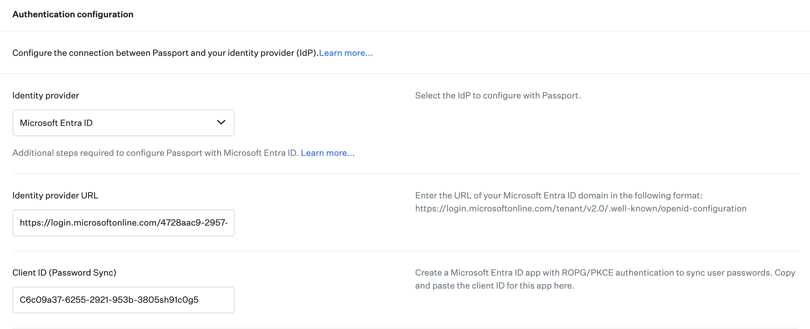 Passport configuration interface showing Identity Provider URL and Client ID (Password Sync) fields