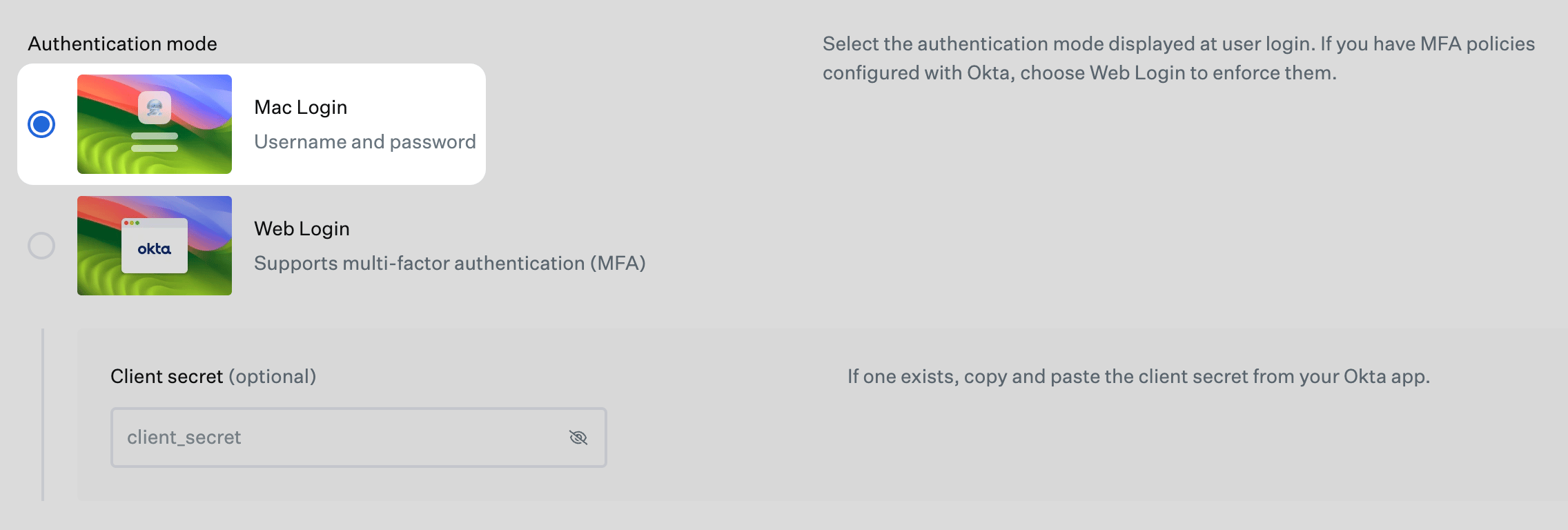 Passport Library Item Authentication mode set to Mac Login for Okta