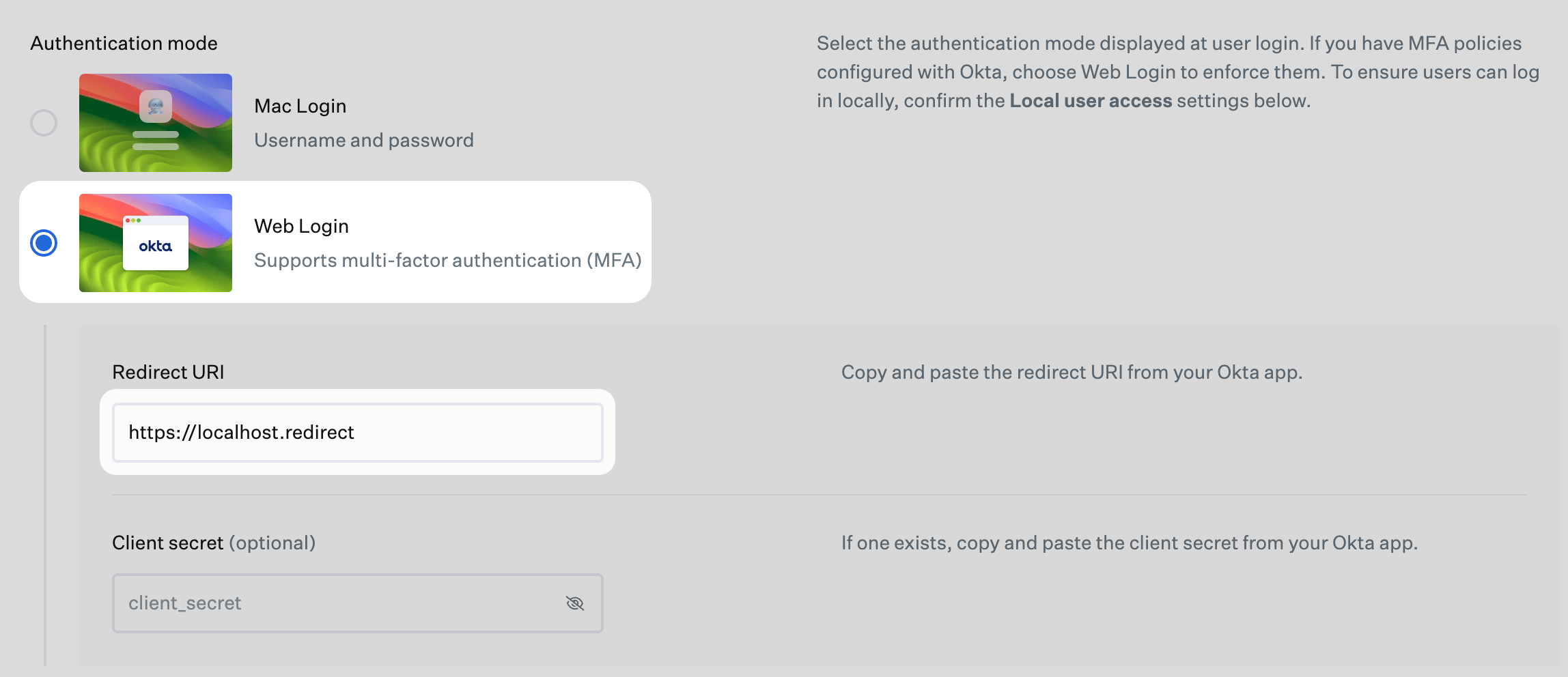 Passport Library Item Web Login redirect URI for Okta