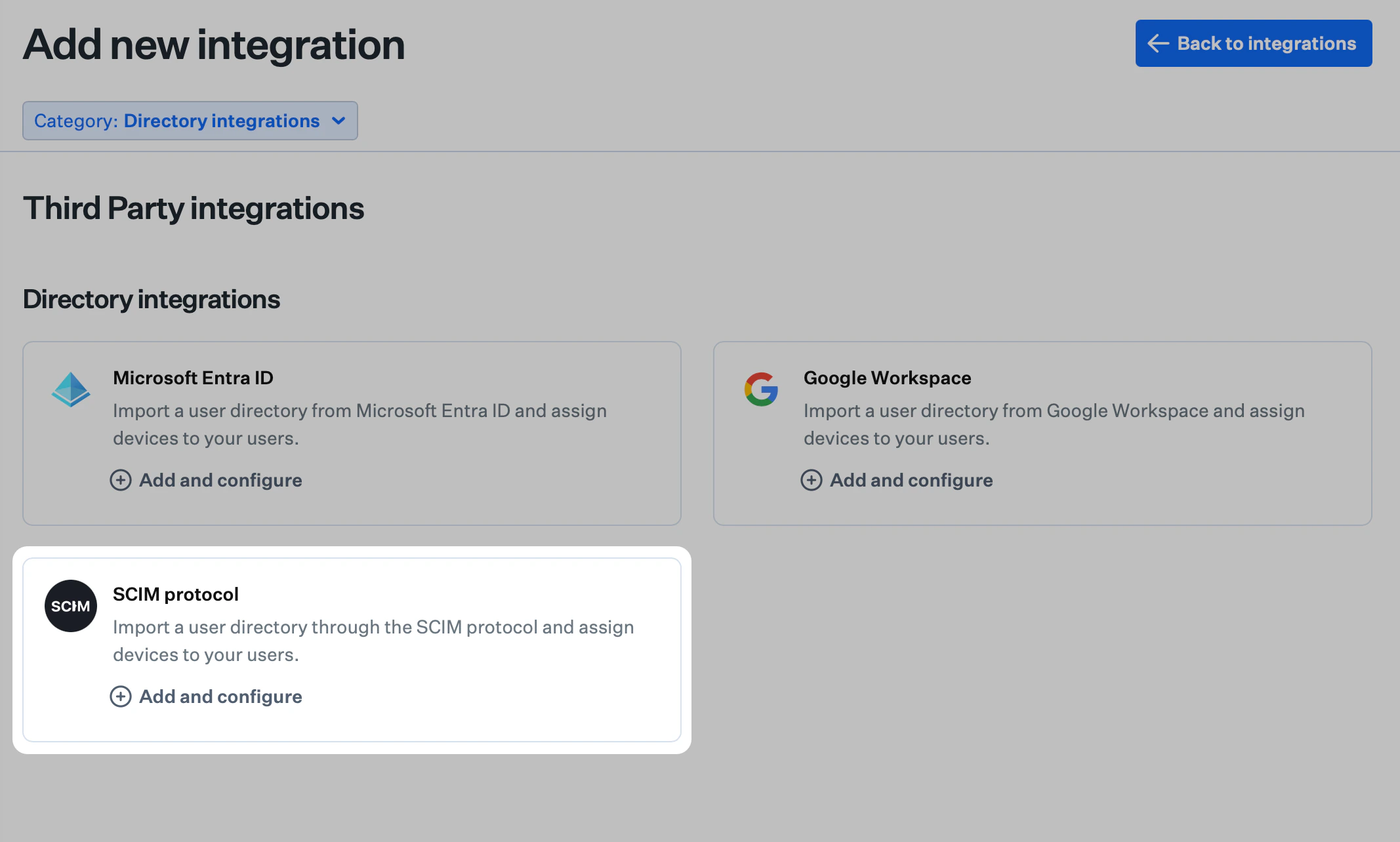 Add new integration page with SCIM protocol tile and Add and configure button