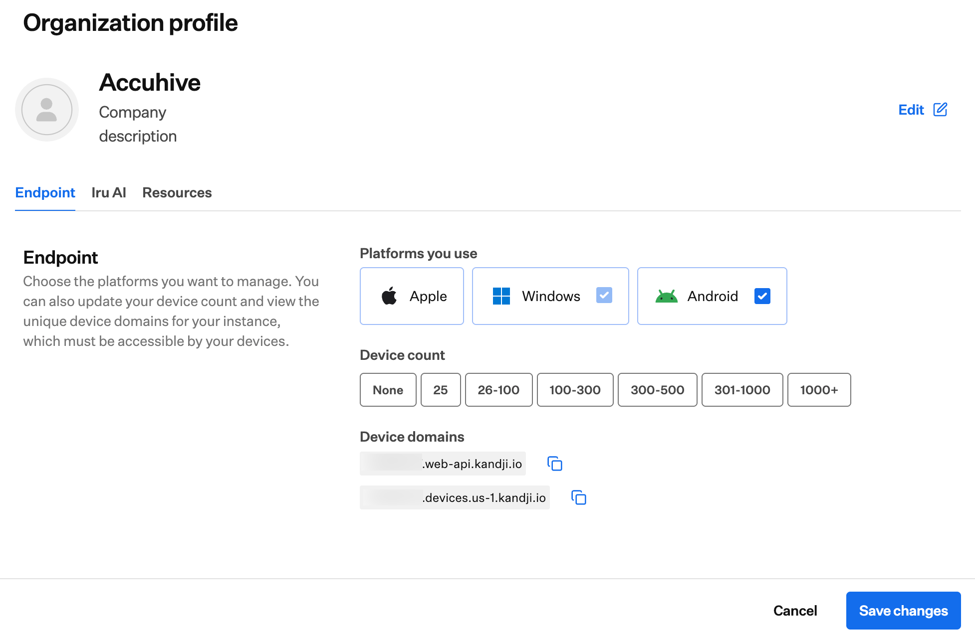 Screenshot of the platform selector with platform options and Save changes button