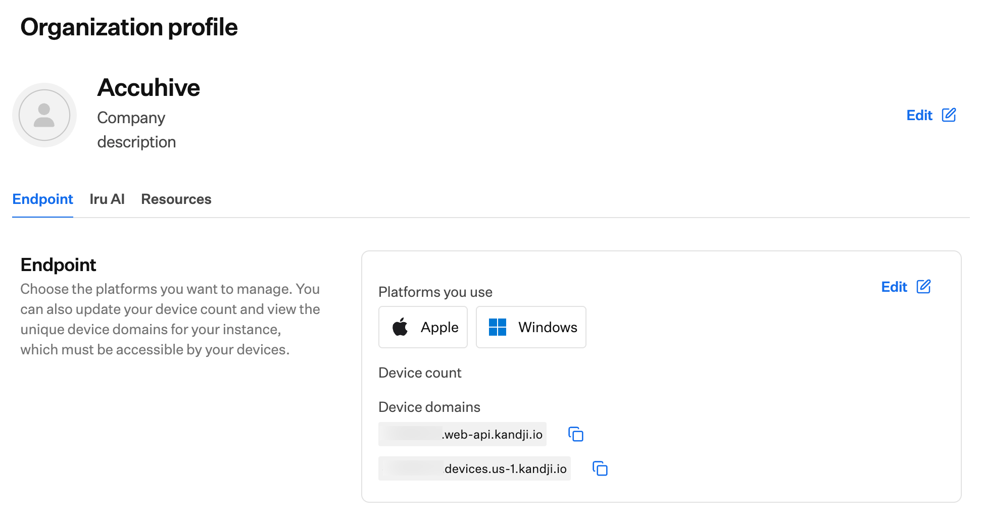 Screenshot of the Organization Endpoint tab showing Platforms you use and Edit button