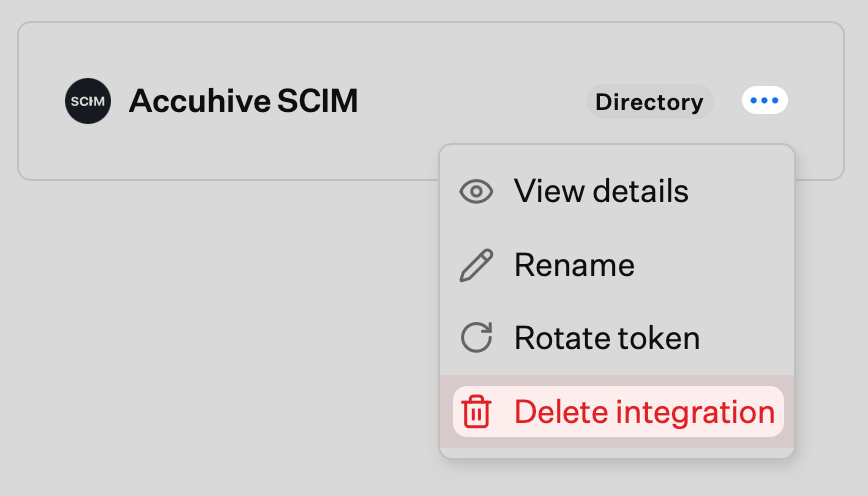 SCIM integration ellipsis menu with Delete integration option