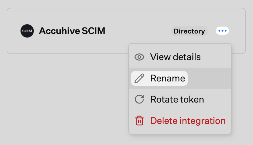 SCIM integration ellipsis menu with Rename option