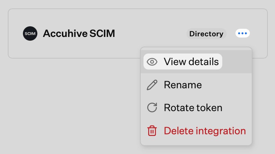 Directory integrations list with SCIM integration and ellipsis menu showing View details, Rename, Rotate token, Delete