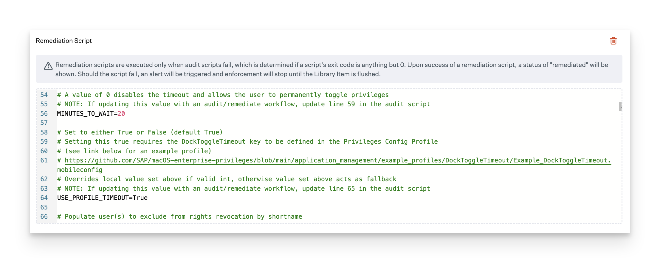 Custom Script remediation script configuration showing timeout and user exclusion settings