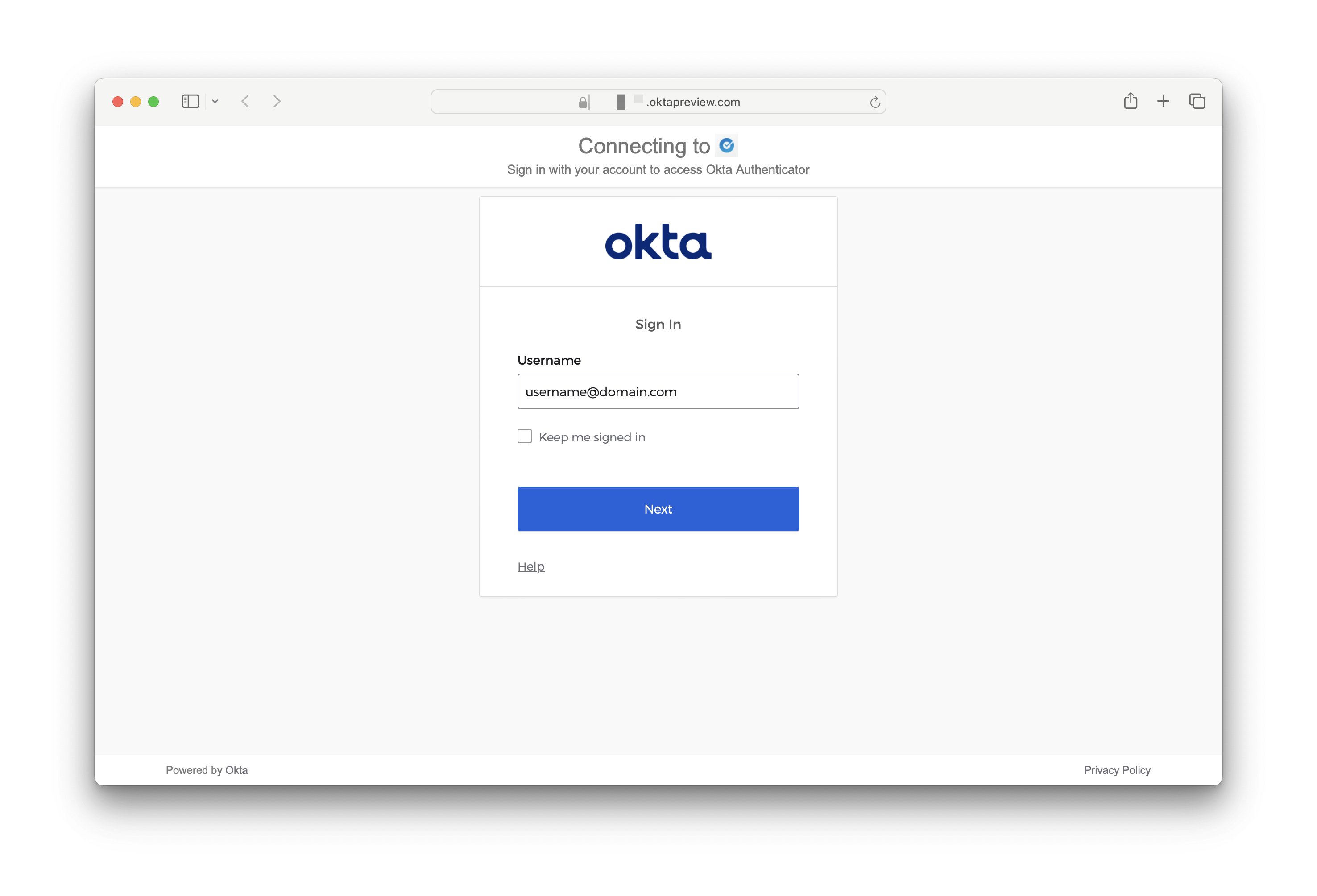 Okta login page in web browser showing the username and password fields where users need to authenticate with their Okta credentials