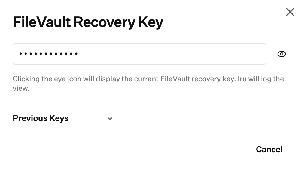 Dialog FileVault Recovery Key mit verborgenem Schlüssel und einem Hinweis, dass das Anzeigen protokolliert wird