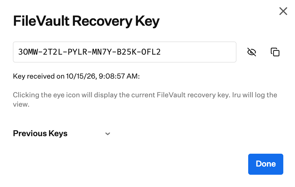 Dialog FileVault Recovery Key mit angezeigtem Schlüssel und einem Hinweis, dass das Anzeigen protokolliert wird