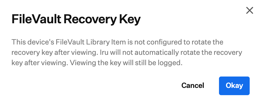 Hinweis zum FileVault Recovery Key, dass der Schlüssel nach dem Anzeigen nicht rotiert wird