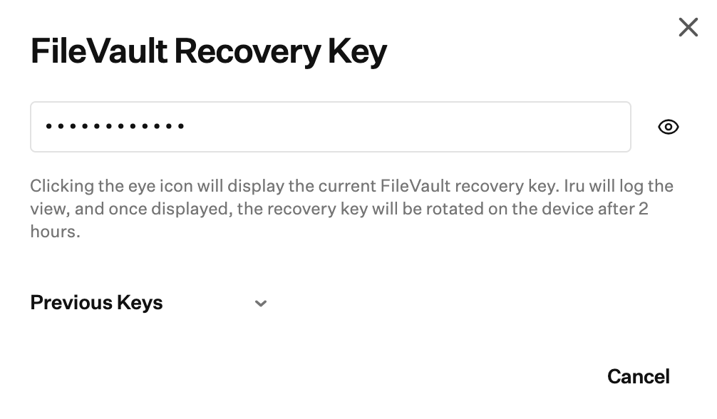 Dialog FileVault Recovery Key mit verborgenem Schlüssel und einem Hinweis, dass der Schlüssel nach dem Anzeigen rotiert wird