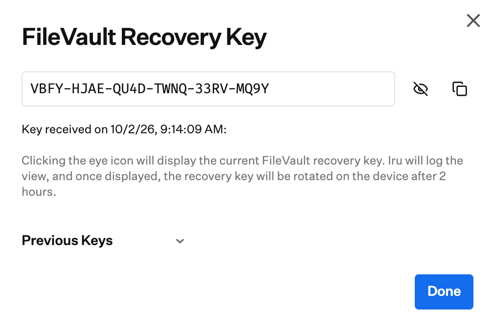 Dialog FileVault Recovery Key mit angezeigtem Schlüssel und einem Hinweis, dass der Schlüssel nach dem Anzeigen rotiert wird