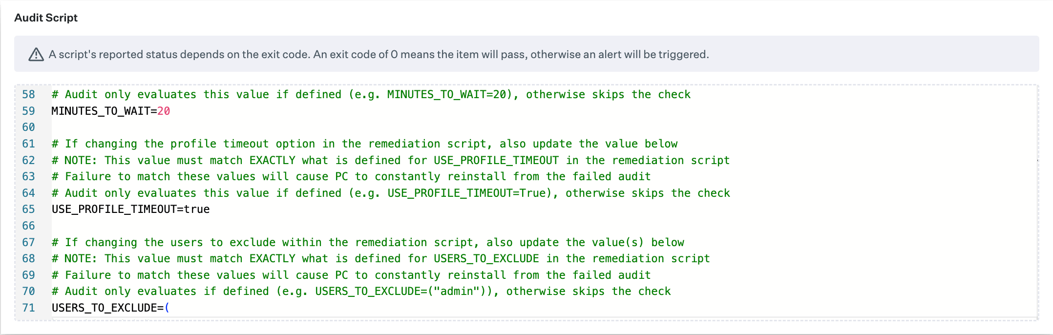 Custom Script audit script with USE_PROFILE_TIMEOUT and USERS_TO_EXCLUDE