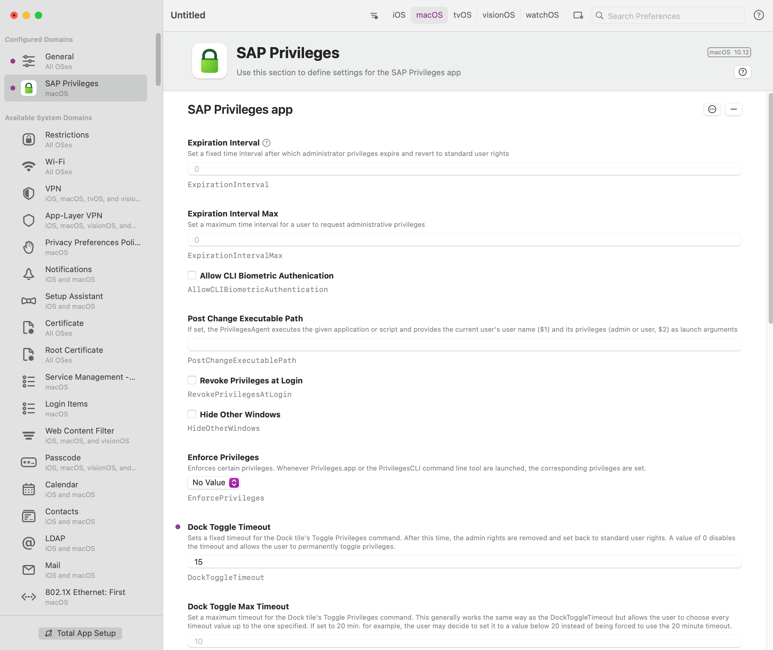 iMazing Profile Editor SAP Privileges Dock Toggle Timeout