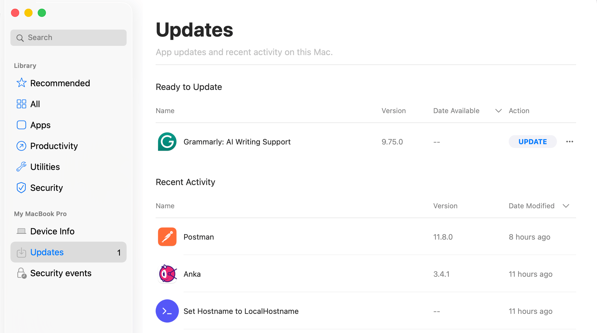 Self Service Updates tab with ready to update and recent activity