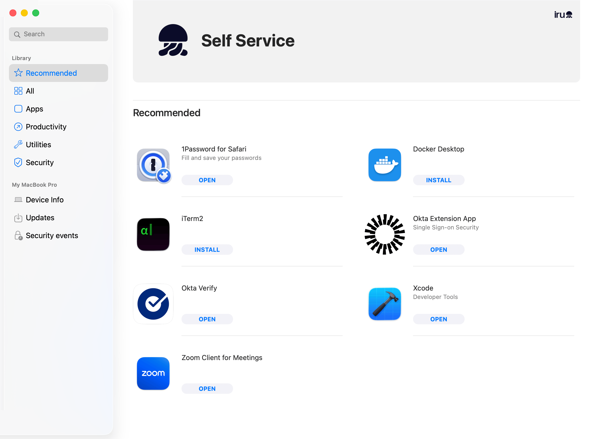 Self Service All apps library with Install and Open buttons