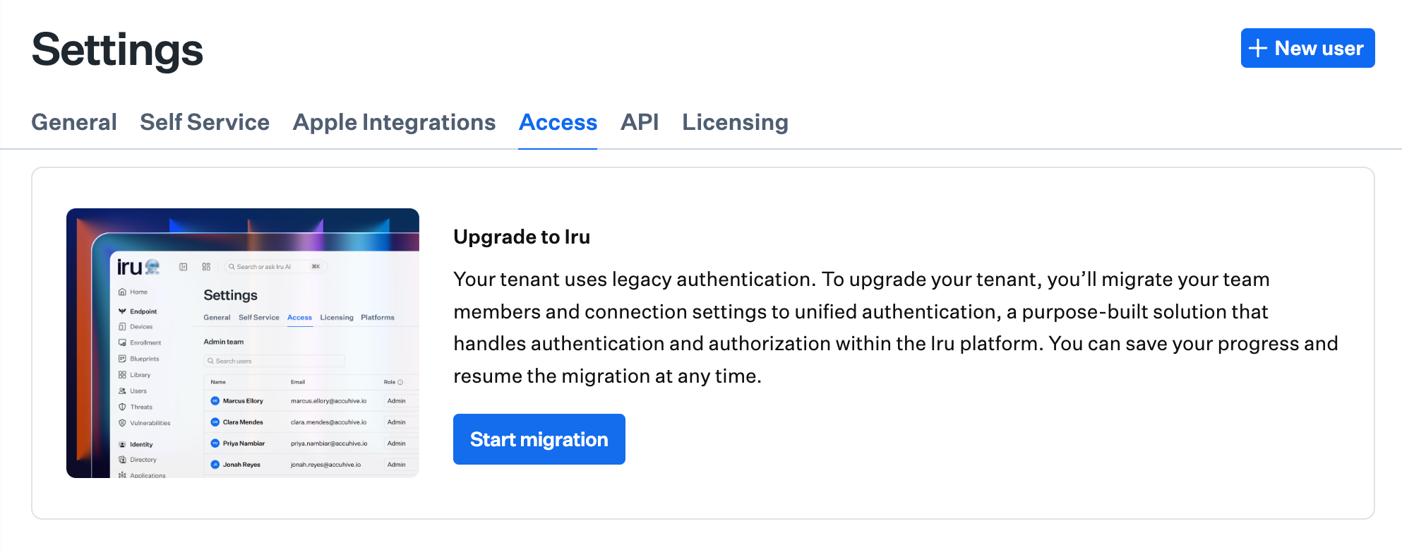 Settings Access page showing the Upgrade to unified authentication card with Start migration button