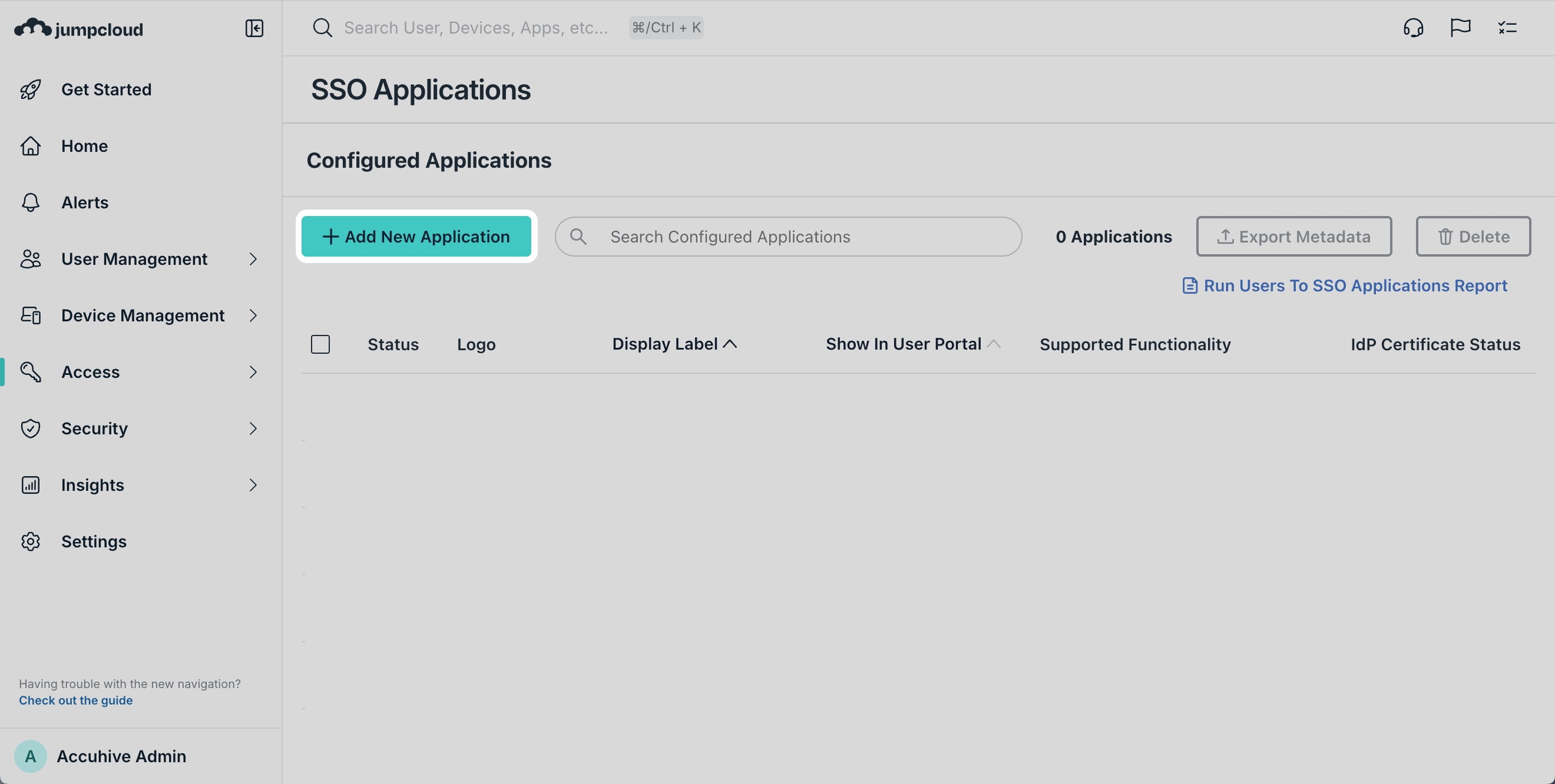JumpCloud Add New Application or Get Started