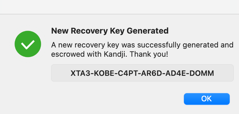 FileVault recovery key displayed after successful regeneration