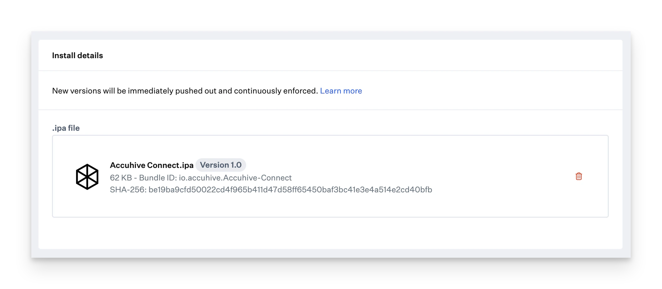In-House App upload interface showing file validation process with file type, version, and bundle ID checks