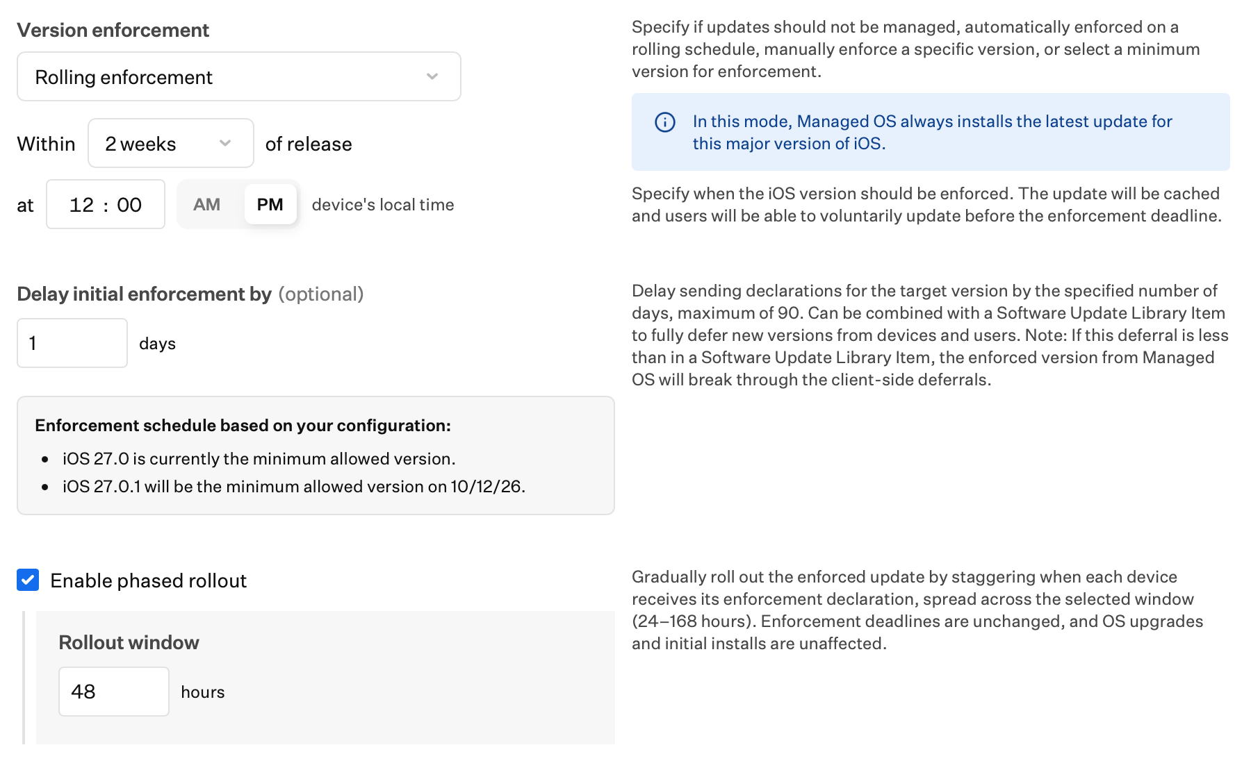 Einstellungen Within und at für Schrittweise Erzwingung von Managed OS für iOS, iPadOS und tvOS