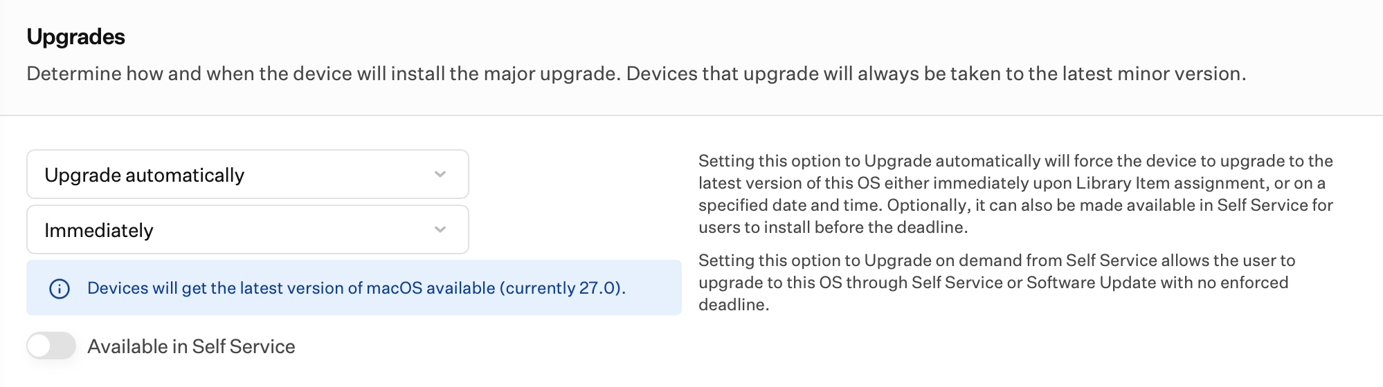 Upgrade-Methode und Durchsetzungszeitpunkt für Managed OS für macOS