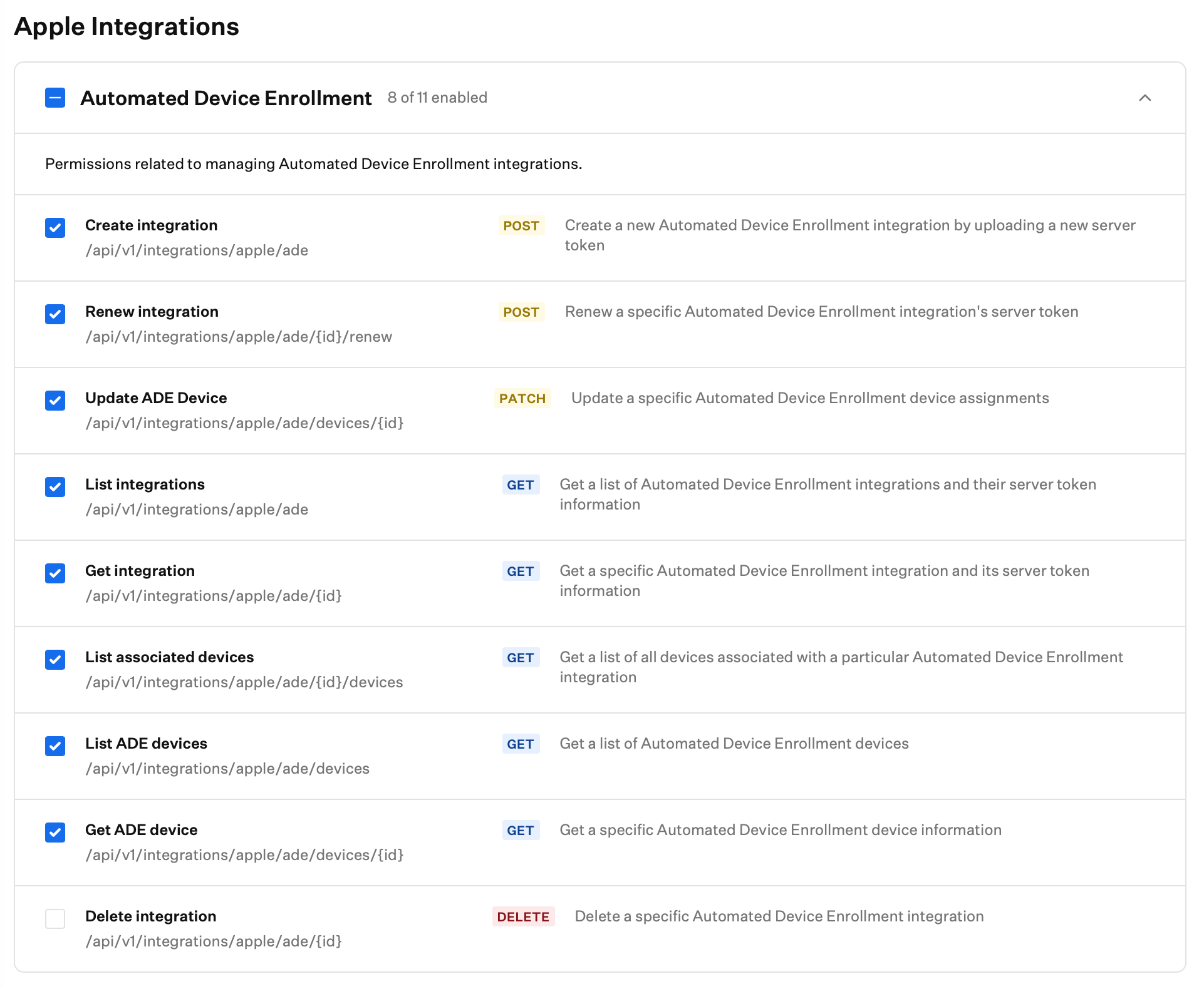 Access page showing API token configuration with Automated Device Enrollment permissions