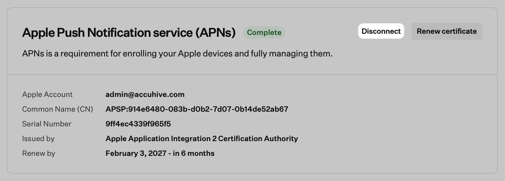 Apple integrations tab showing Disconnect button under APNs for replacing certificate